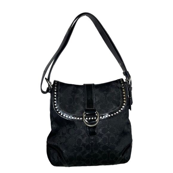 Coach Flap Duffle Monogram Canvas Leather Studding Black Shoulder Handbag Purse - Picture 1 of 12